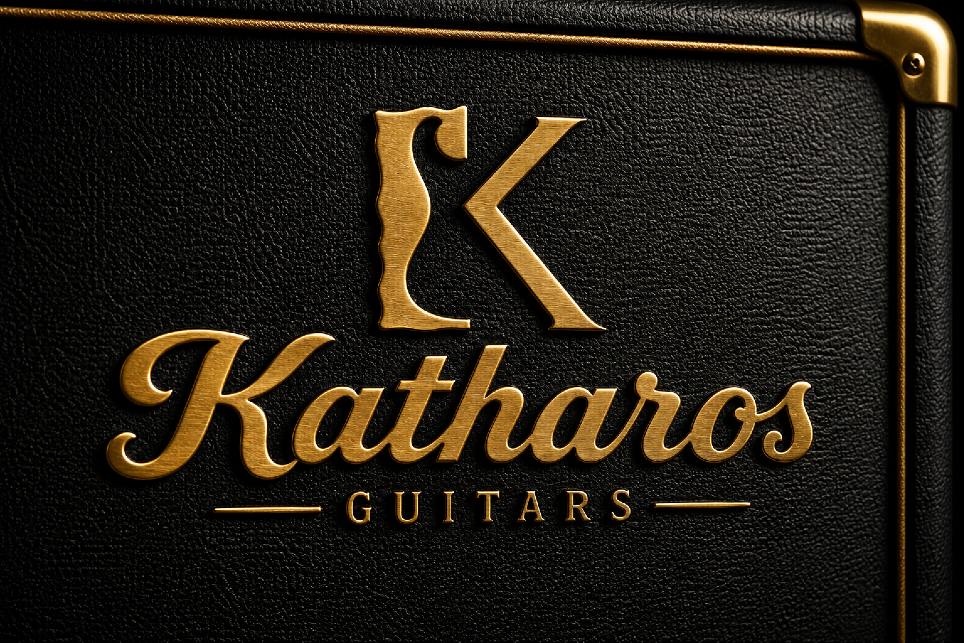 Katharos Guitars brass logo mounted on black textured tolex